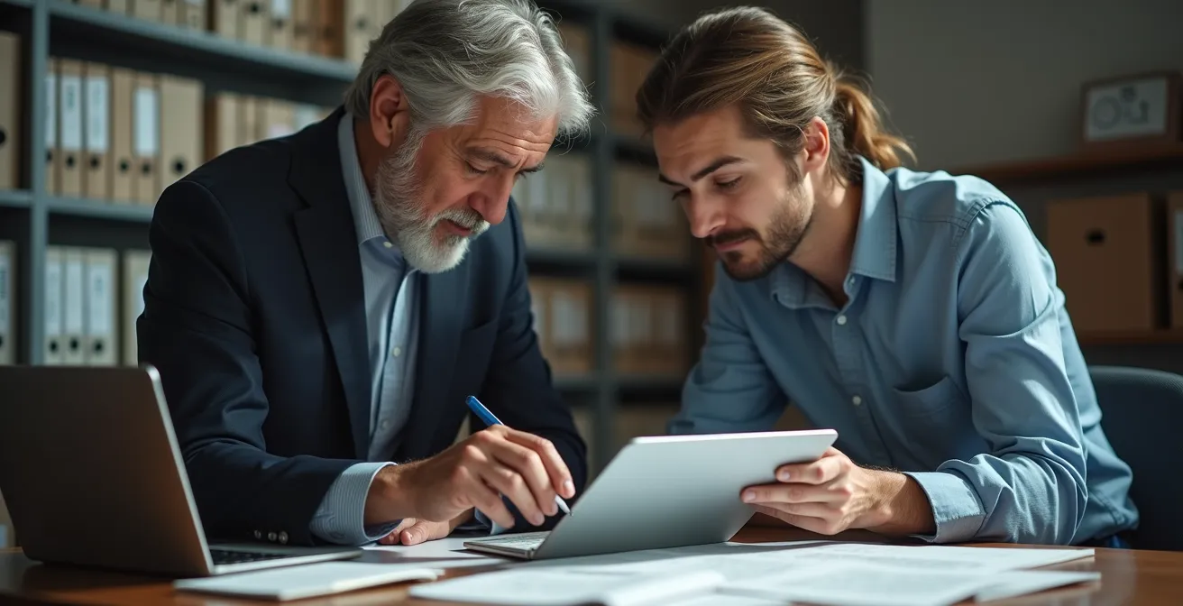 Empleado veterano revisando documentación histórica junto a técnico IT durante proceso de migración de datos