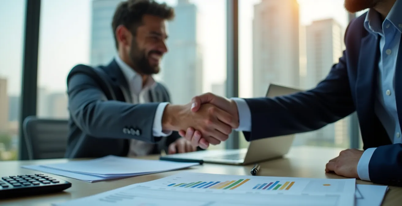 Reunión profesional con documentos de contratos y gráficos financieros sobre mesa de conferencias