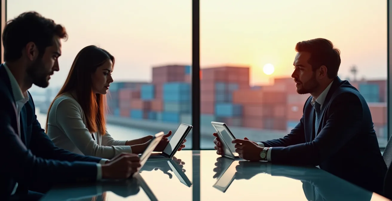 Sala de reuniones minimalista con vista a terminal de contenedores