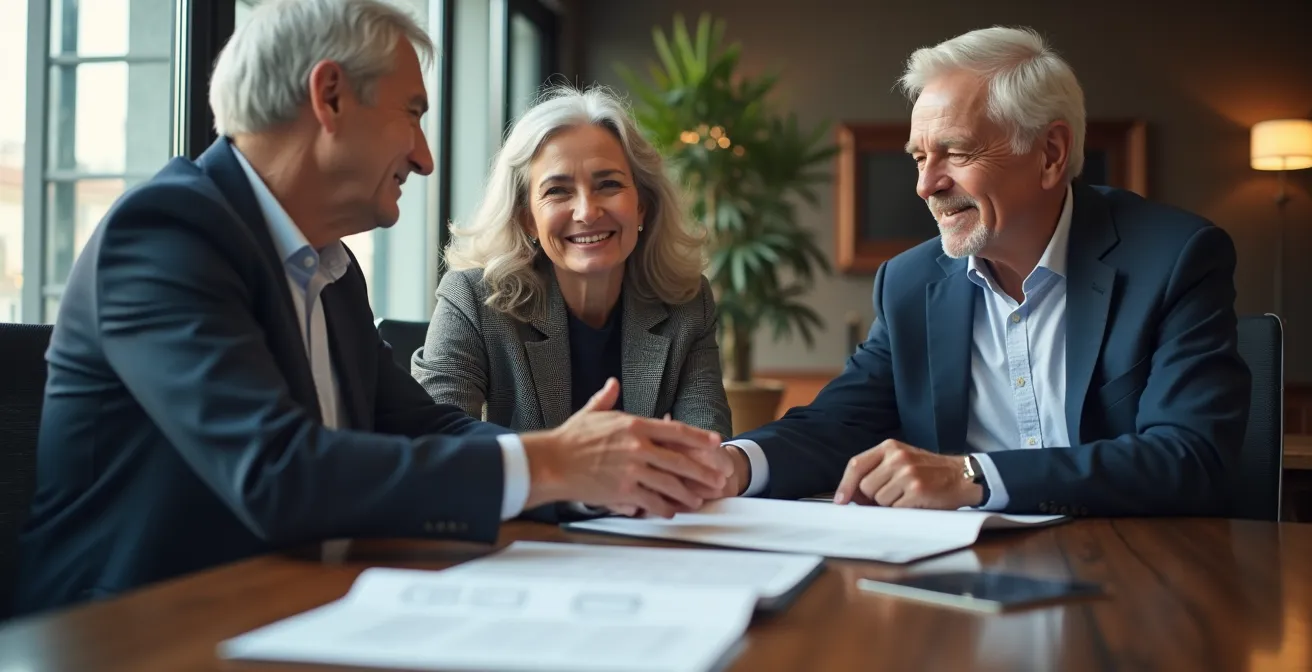 Retrato multigeneracional de empresarios españoles en reunión estratégica de planificación sucesoria