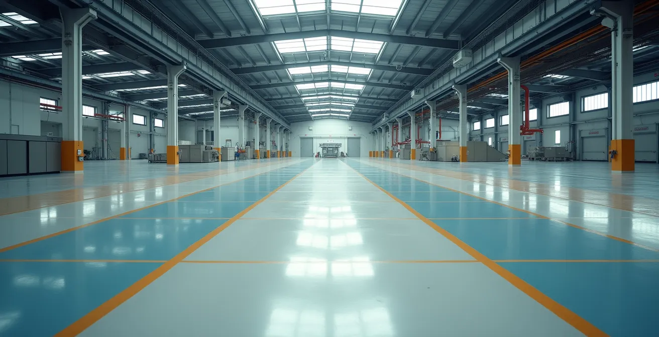 Vista aérea minimalista de planta industrial mostrando flujos de trabajo paralelos durante transformación digital