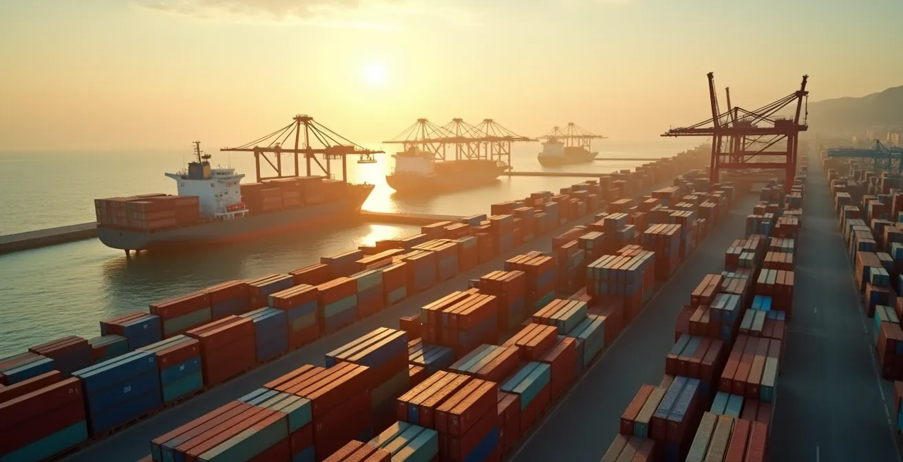 Vista amplia de puerto español con actividad logística y conexiones europeas