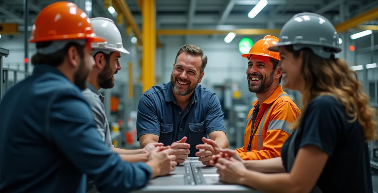Grupo de supervisores y operarios en reunión colaborativa en planta industrial discutiendo implementación tecnológica
