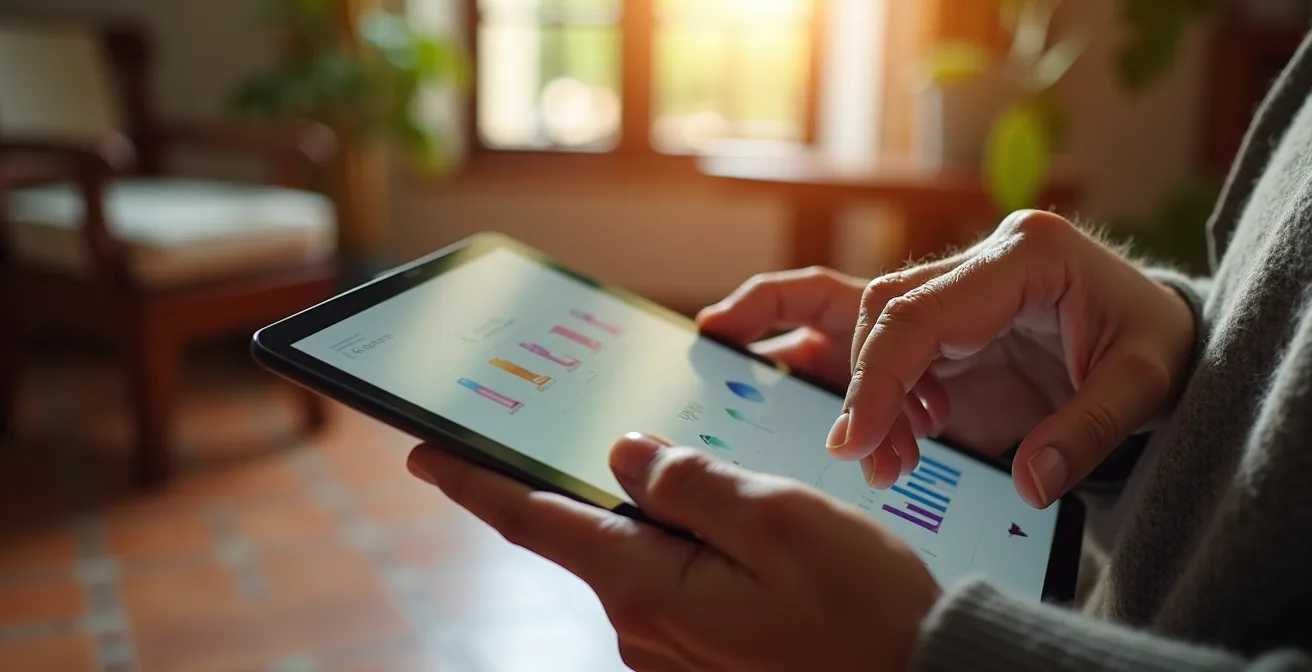 Persona mayor utilizando tecnología adaptativa en entorno doméstico español