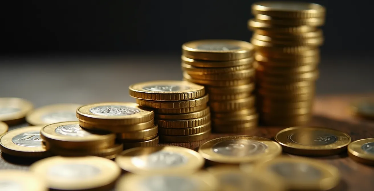 Visualización del espejismo del crecimiento por inflación sin volumen real, con monedas que crean una ilusión de altura.